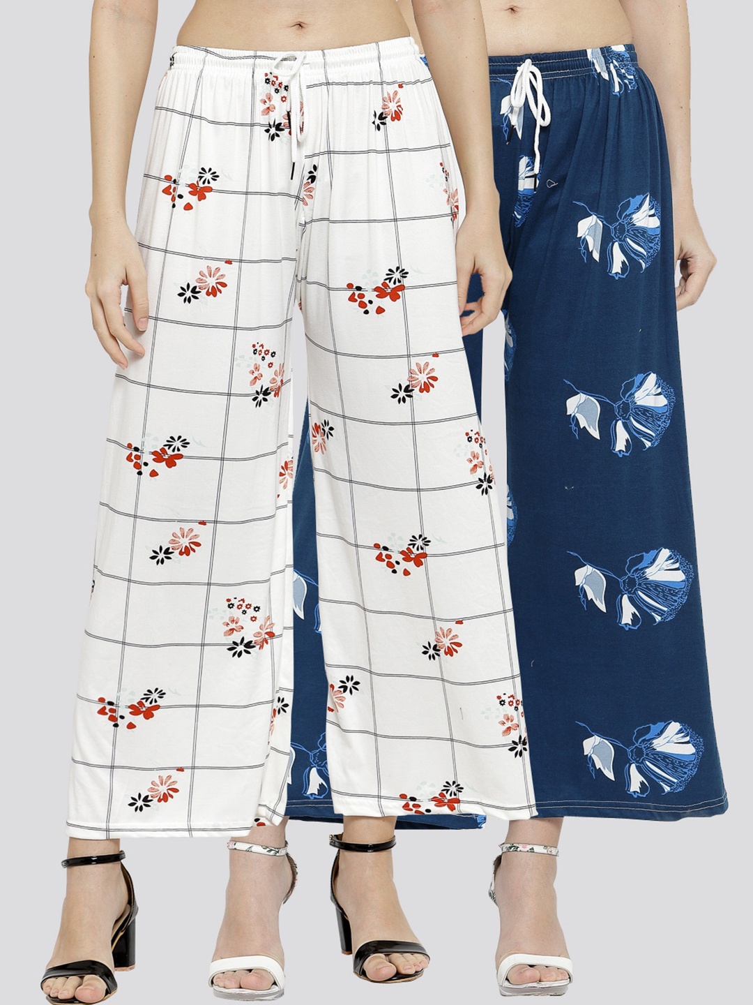 

KLOTTHE Women White & Navy Blue Pack of 2 Floral Printed Palazzos