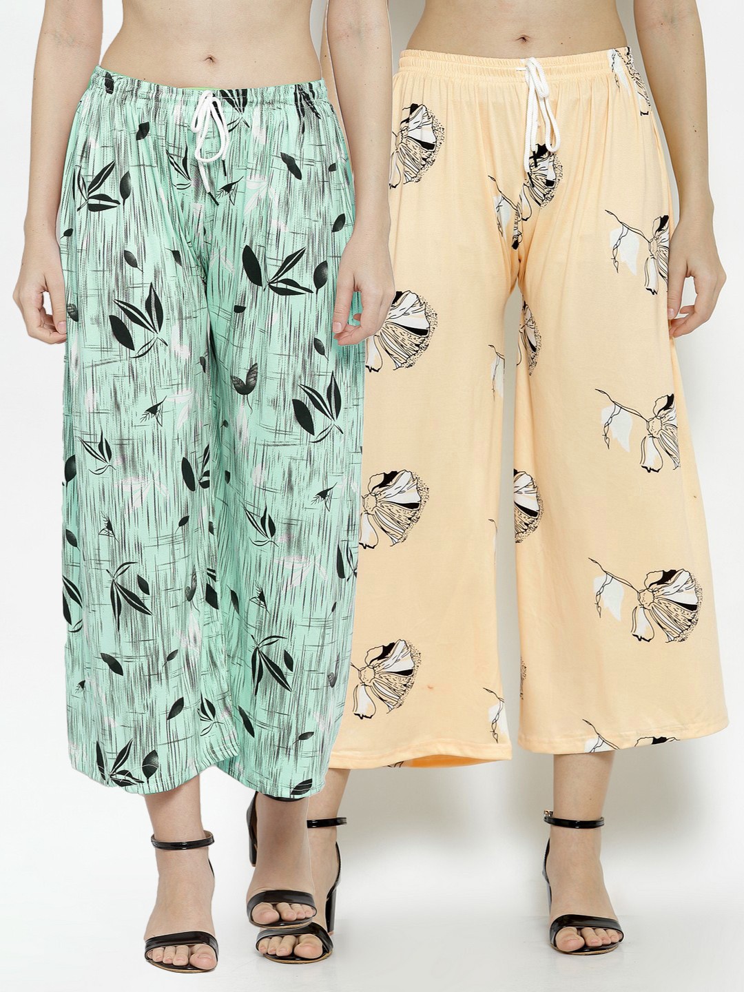

KLOTTHE Women Pack Of 2 Green & Cream-Coloured Floral Printed Cropped Palazzos