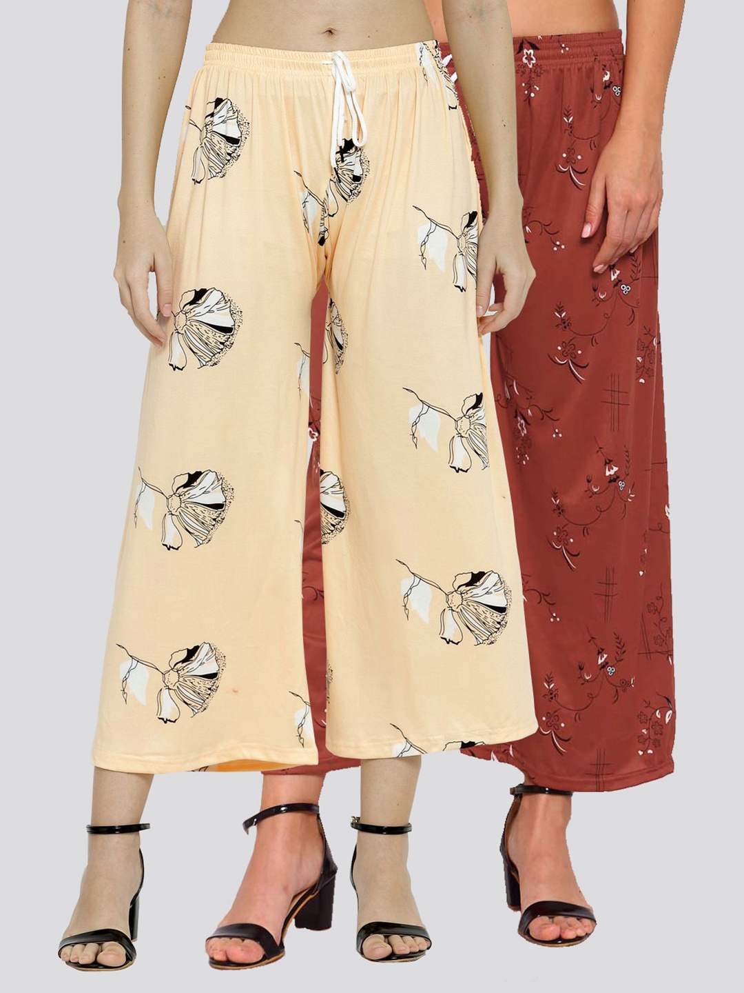 

KLOTTHE Women Set of 2 Beige & Maroon Floral Printed Palazzos