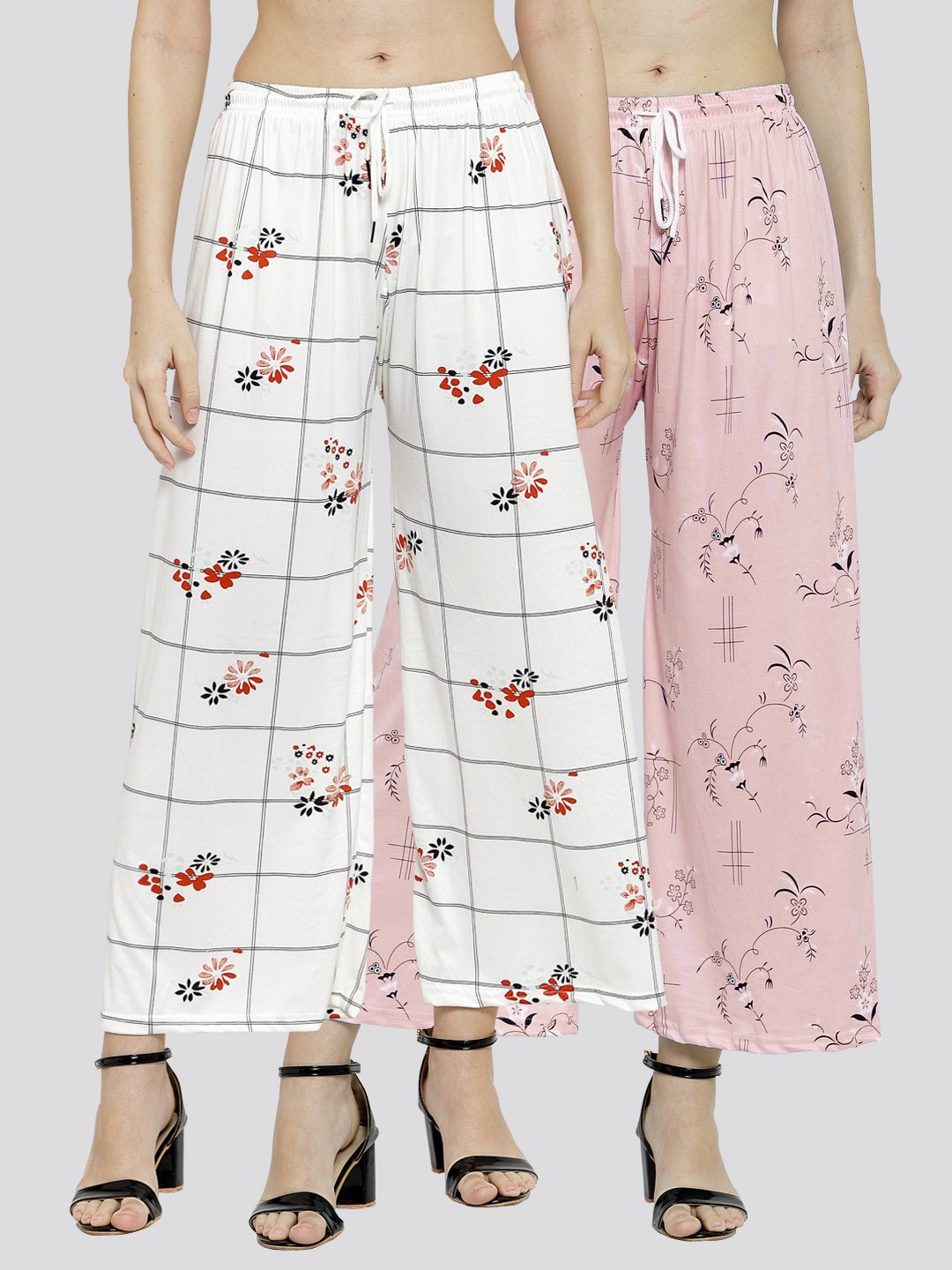 

KLOTTHE Women Set of 2 White & Pink Floral Printed Palazzos