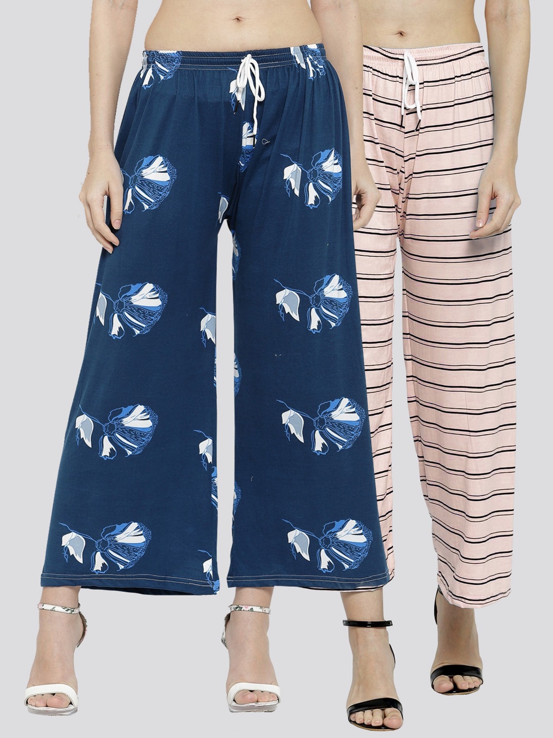 

KLOTTHE Women Set of 2 Navy Blue & Pink Printed Palazzos