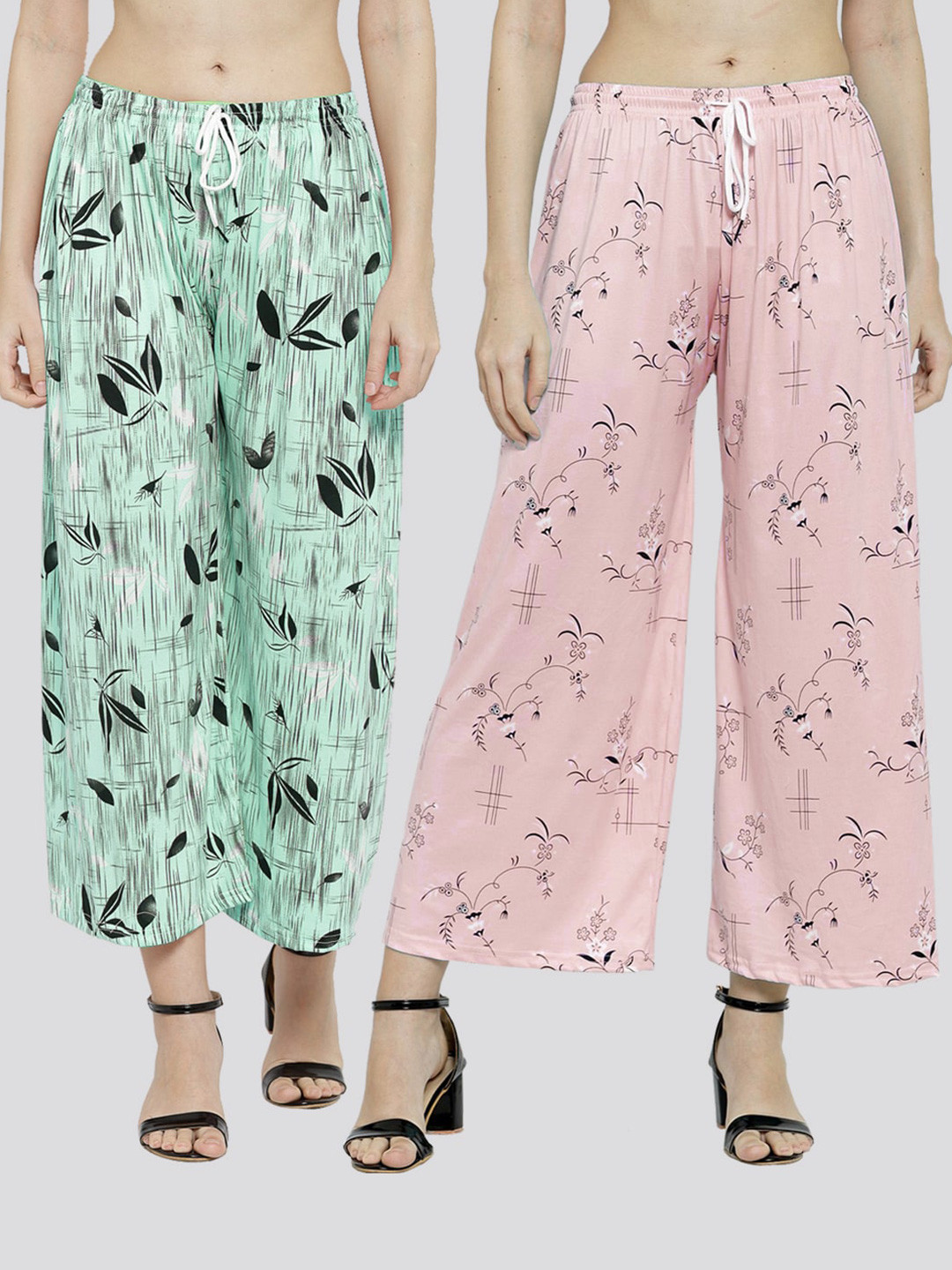 

KLOTTHE Women Pink & Green Pack of 2 Floral Printed Palazzos