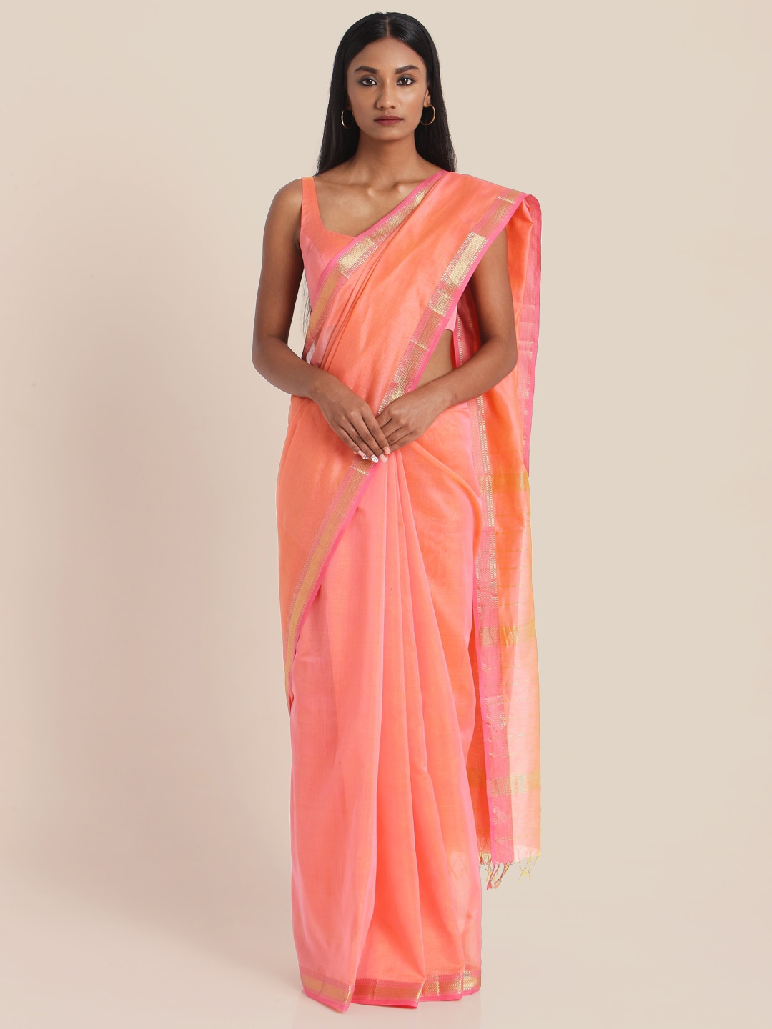 

Suta Women Peach-Coloured & Gold-Toned Cotton Silk Solid Saree