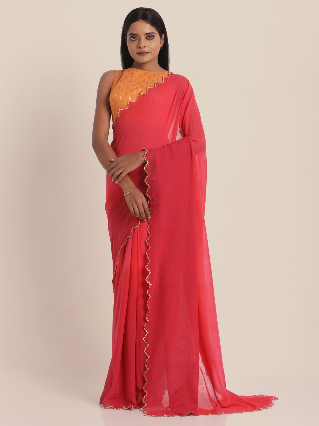 

Suta Women Red Solid scallop embroidered border Solid Saree