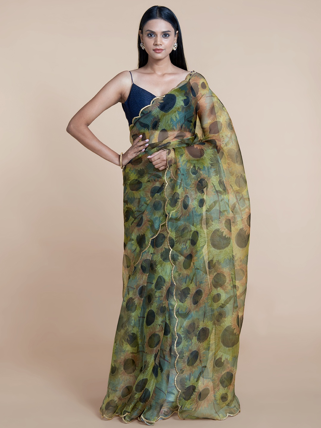 

Suta Yellow & Black Floral Printed Organza Saree, Blue