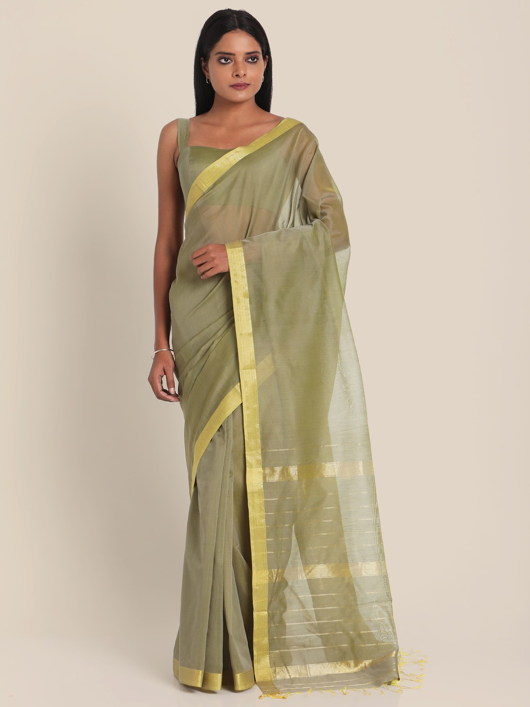 

Suta Moss Green & Gold-Toned Maheshwari Silk Saree