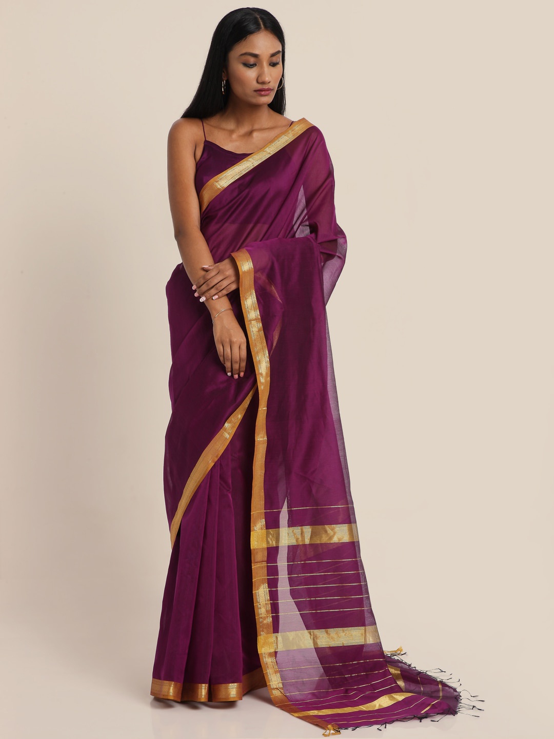 

Suta Purple Gold-Toned Maheshwari Silk Saree, Red
