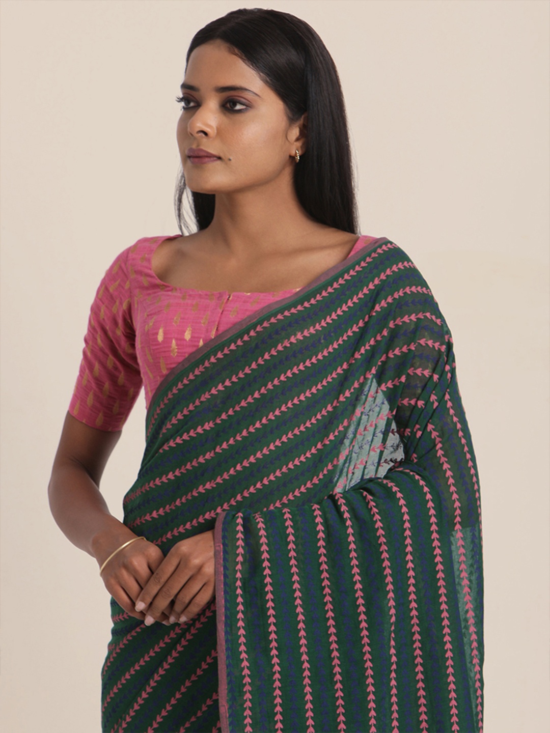 

Suta Green & Fuchsia Striped Mul Saree