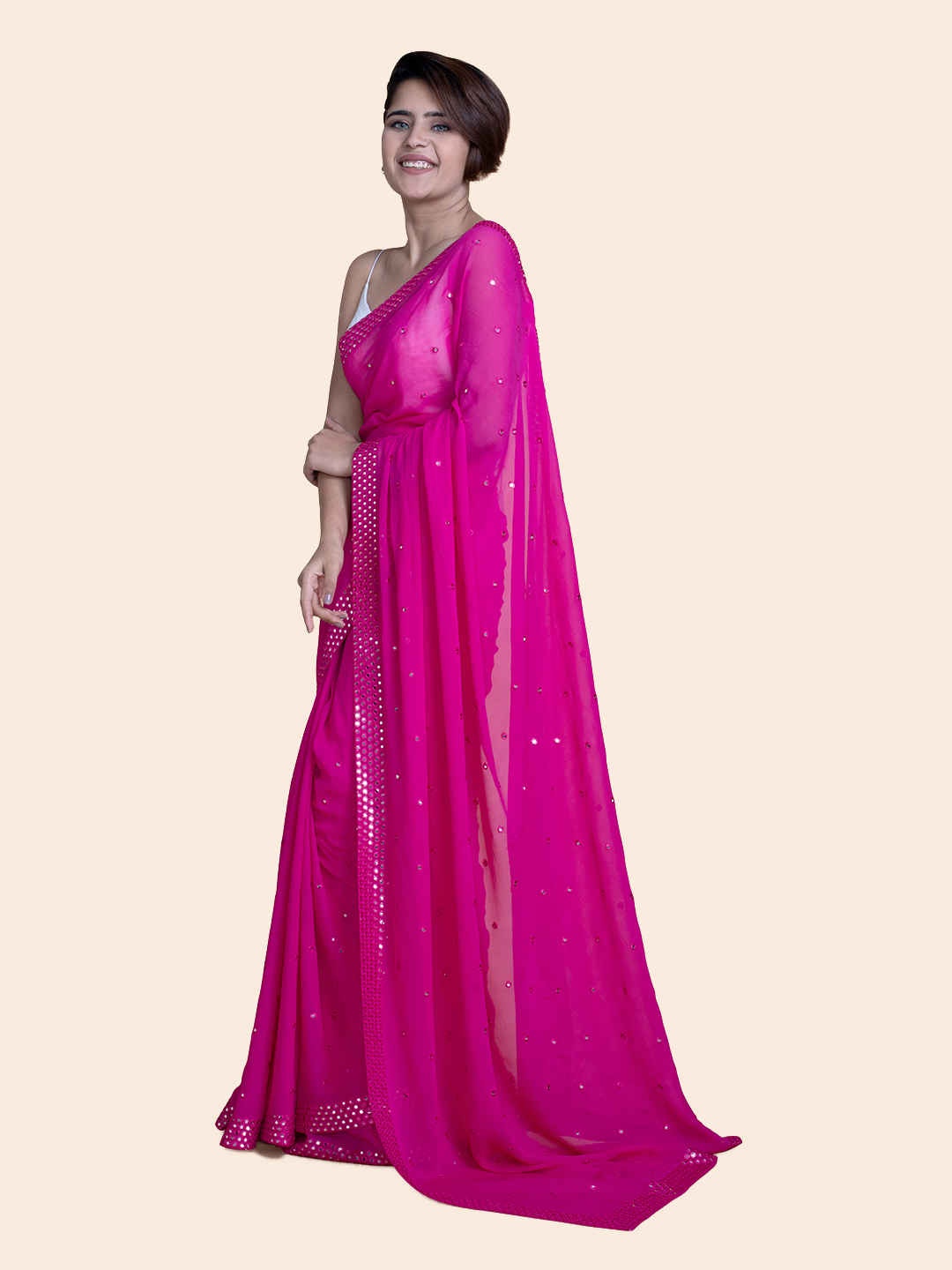 Suta Pink Mirror Work Embroidered saree