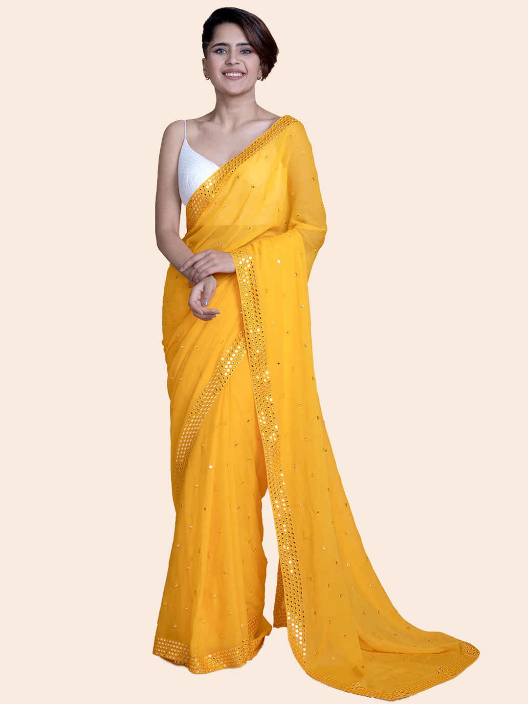 

Suta Yellow Mirror Work Embroidered saree