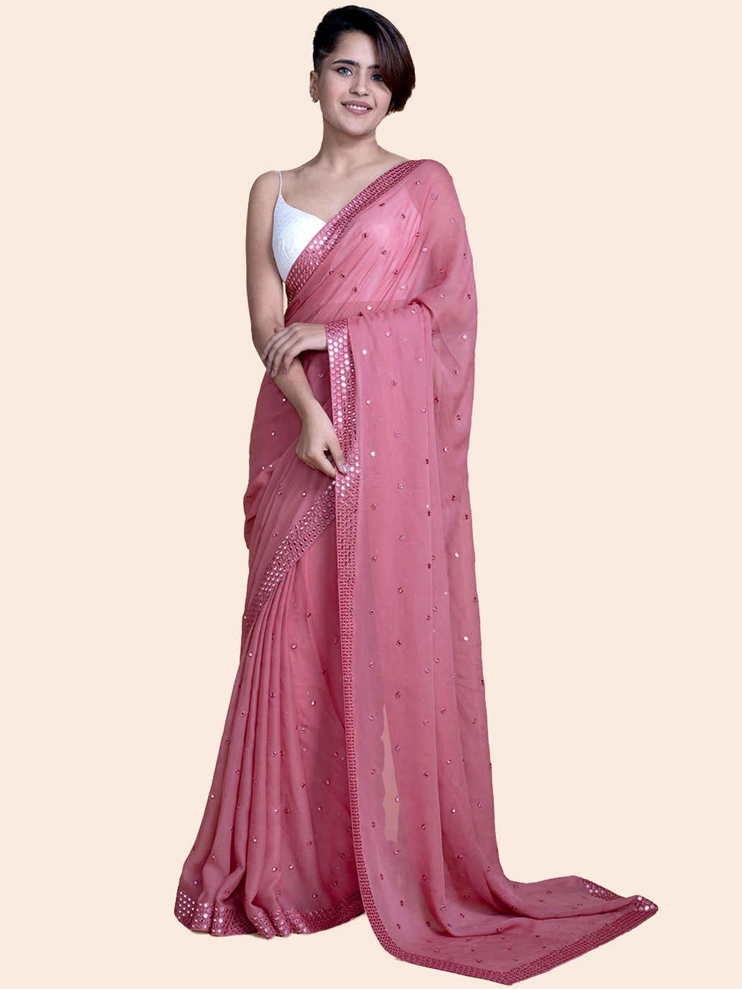 

Suta Pink Georgette Mirror Work Embellished Saree