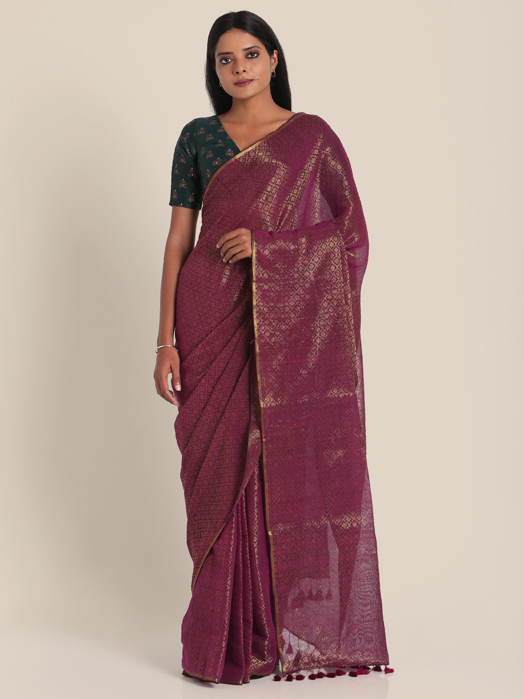 

Suta Purple & Gold-Toned Woven Design Zari Pure Cotton Saree