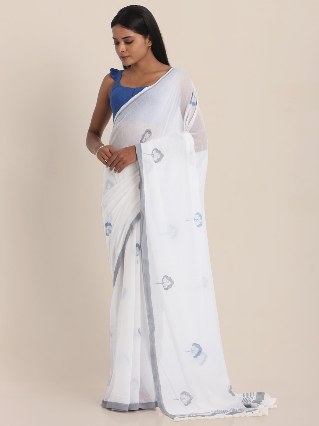 

Suta Blue Floral Handblock Printed Mul Saree