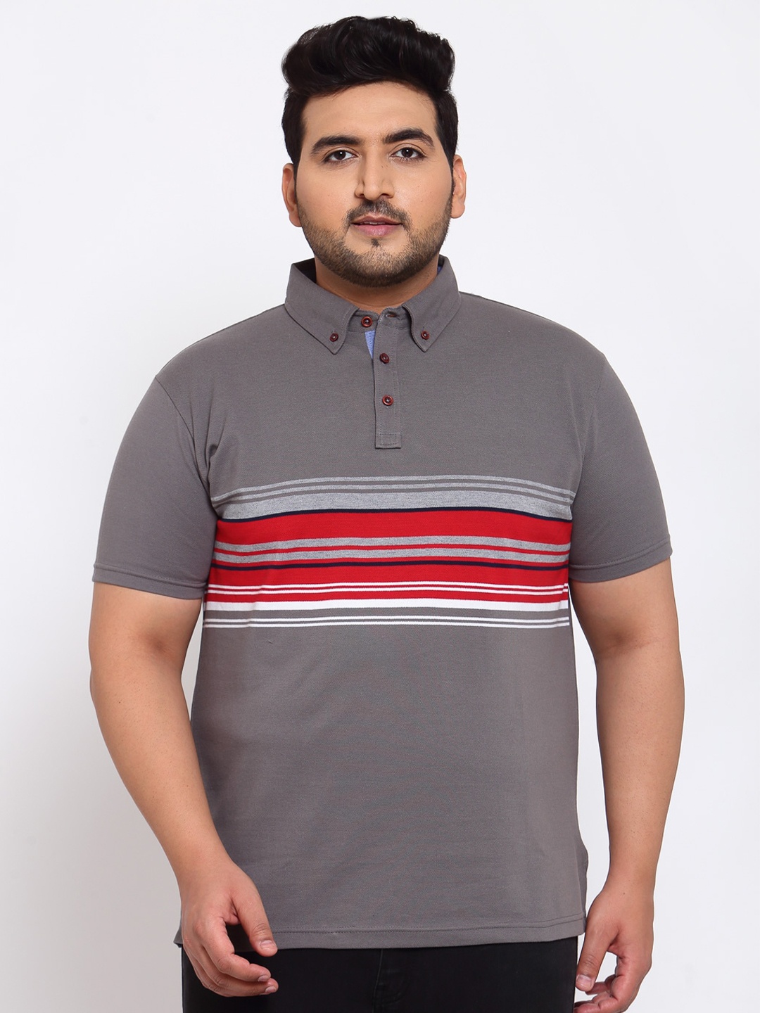 

plusS Men Grey & Red Striped Polo Collar T-shirt