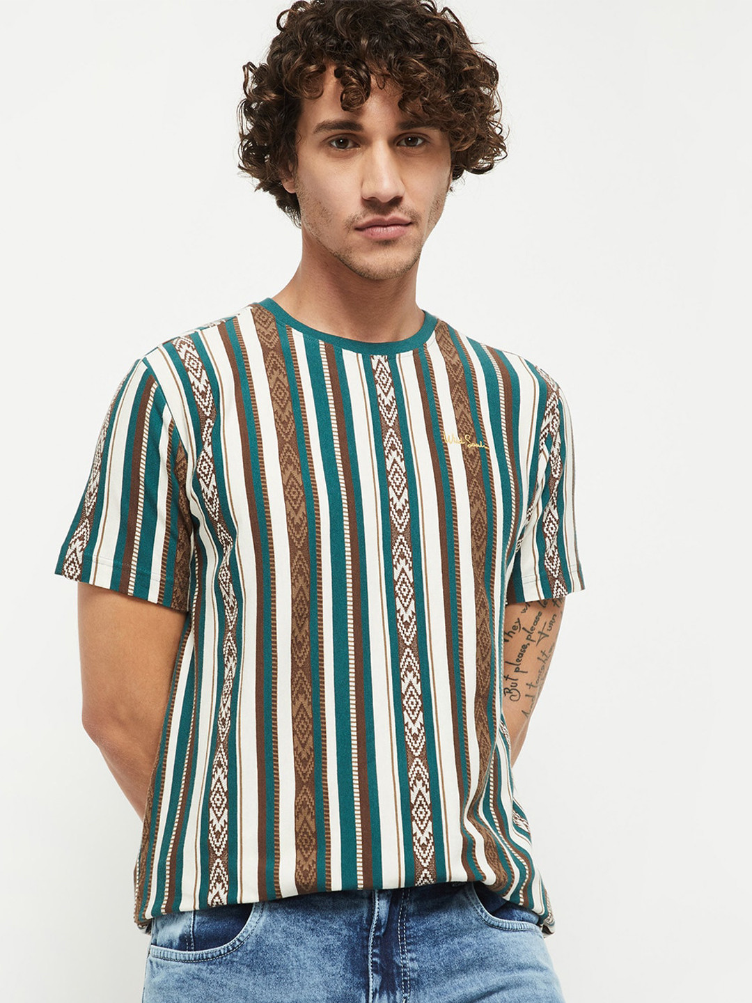 

max Men Green & White Striped T-shirt