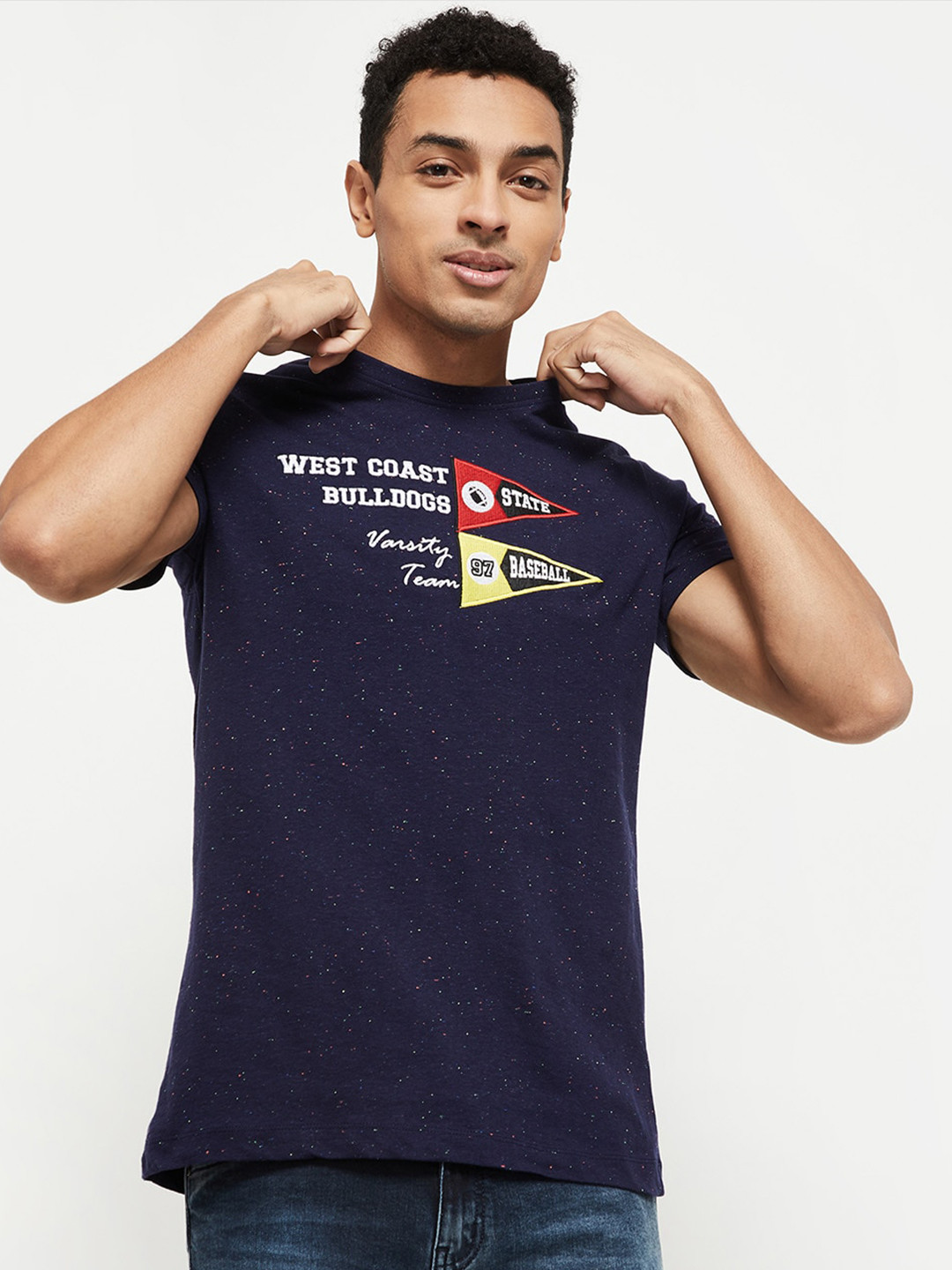 

max Men Navy Blue Typography Printed T-shirt