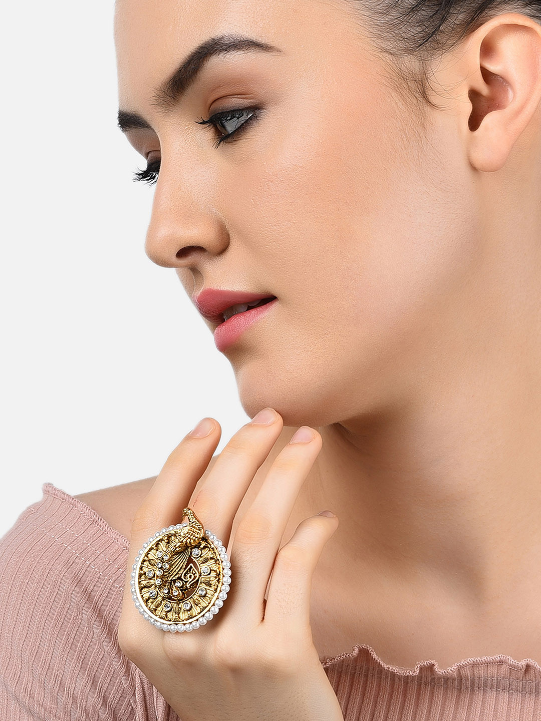 

Zaveri Pearls Gold-Plated White Kundan & Bead Studded Finger Ring