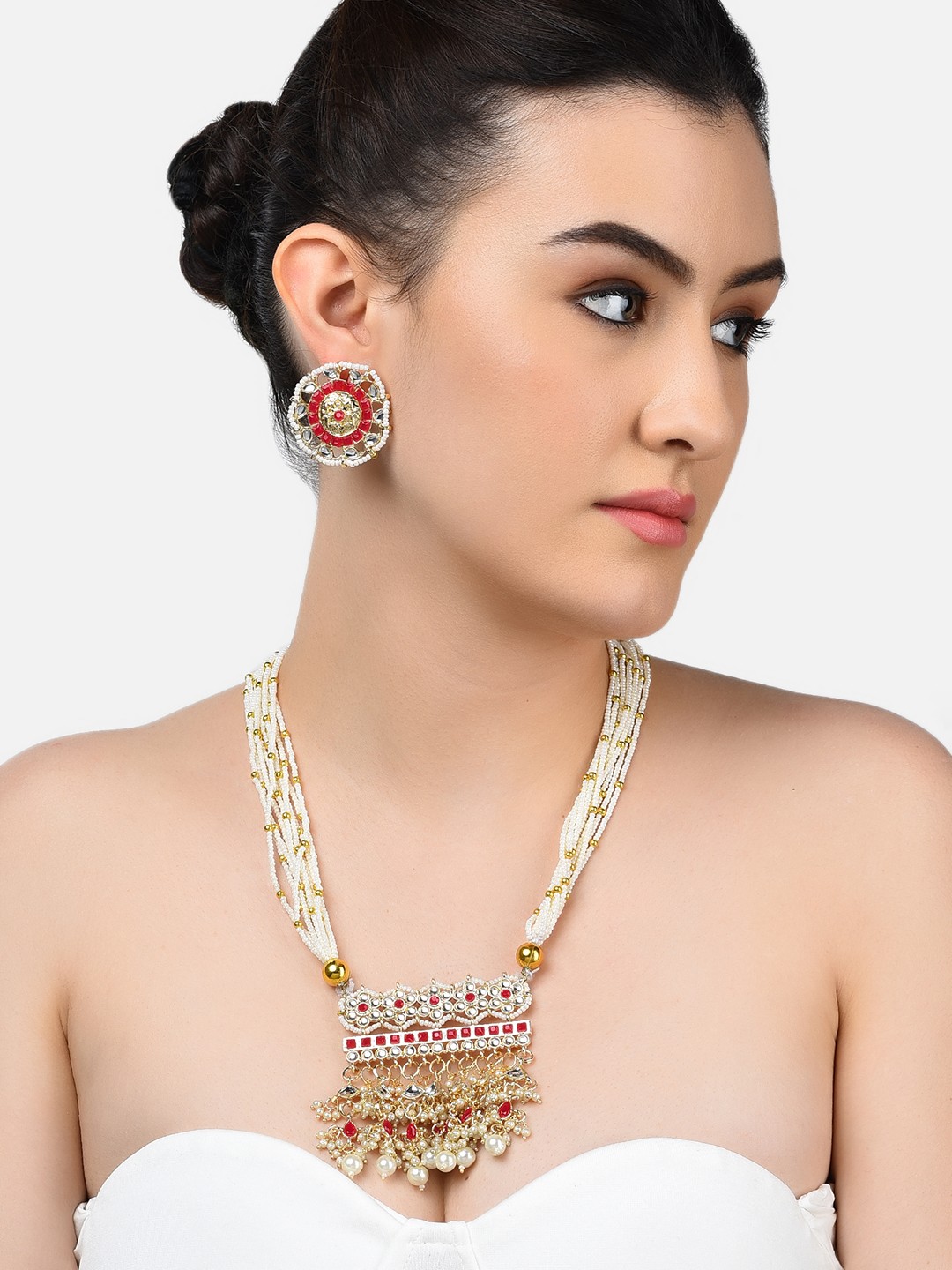 

Zaveri Pearls Red Long Multistrand Kundan Necklace & Earring Set