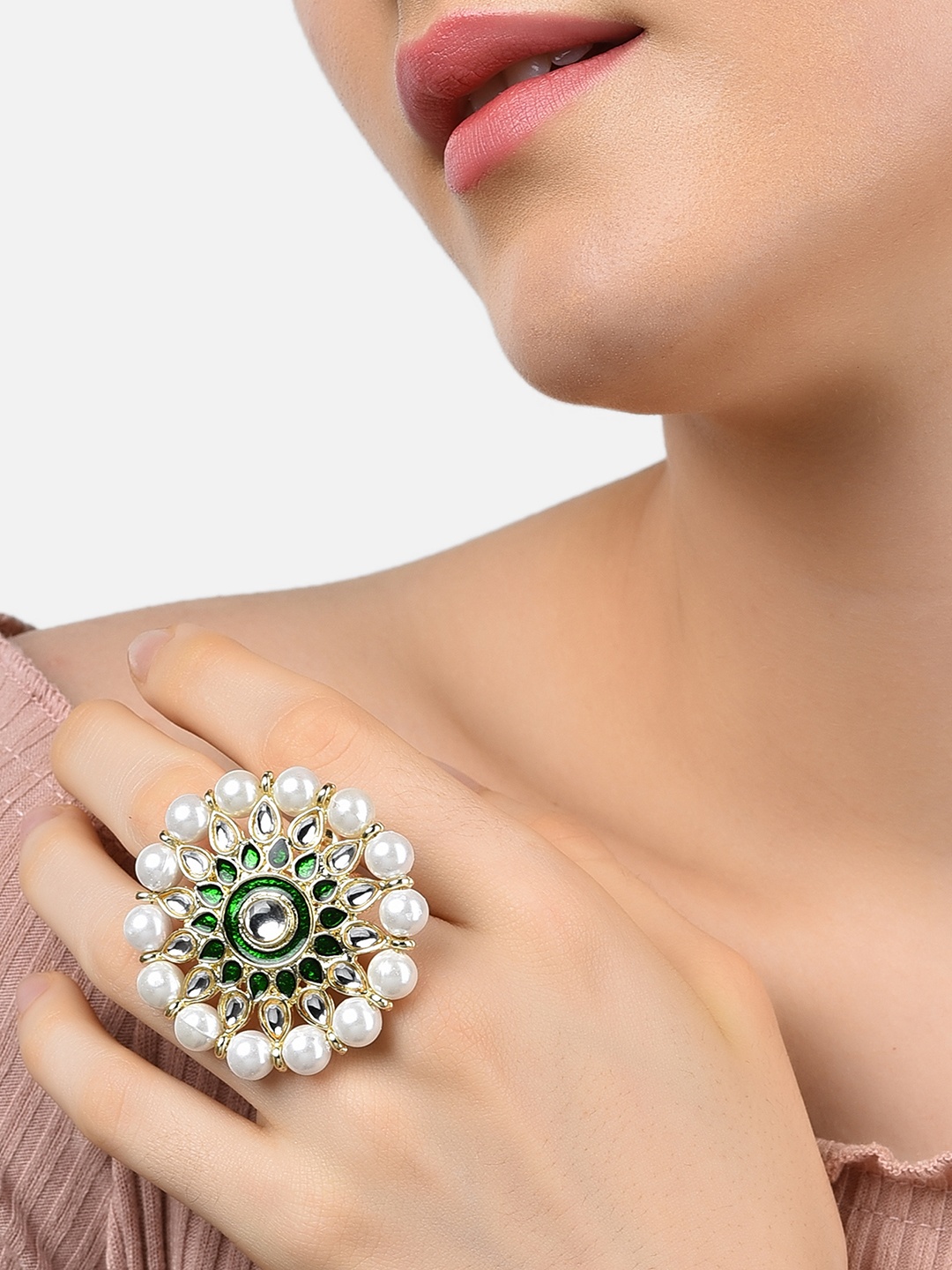 

Zaveri Pearls Gold-Plated White & Green Kundan-Studded & Pearl Beaded Adjustable Meenakari Finger Ring