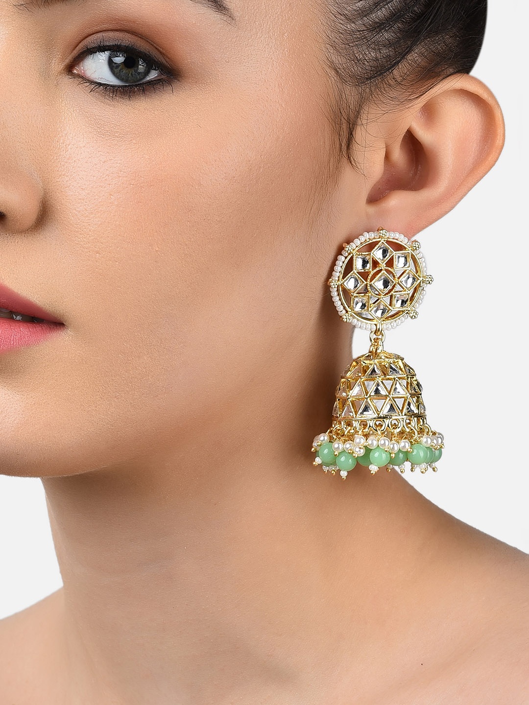 

Zaveri Pearls Green Gold-Plated Contemporary Jhumkas Earrings