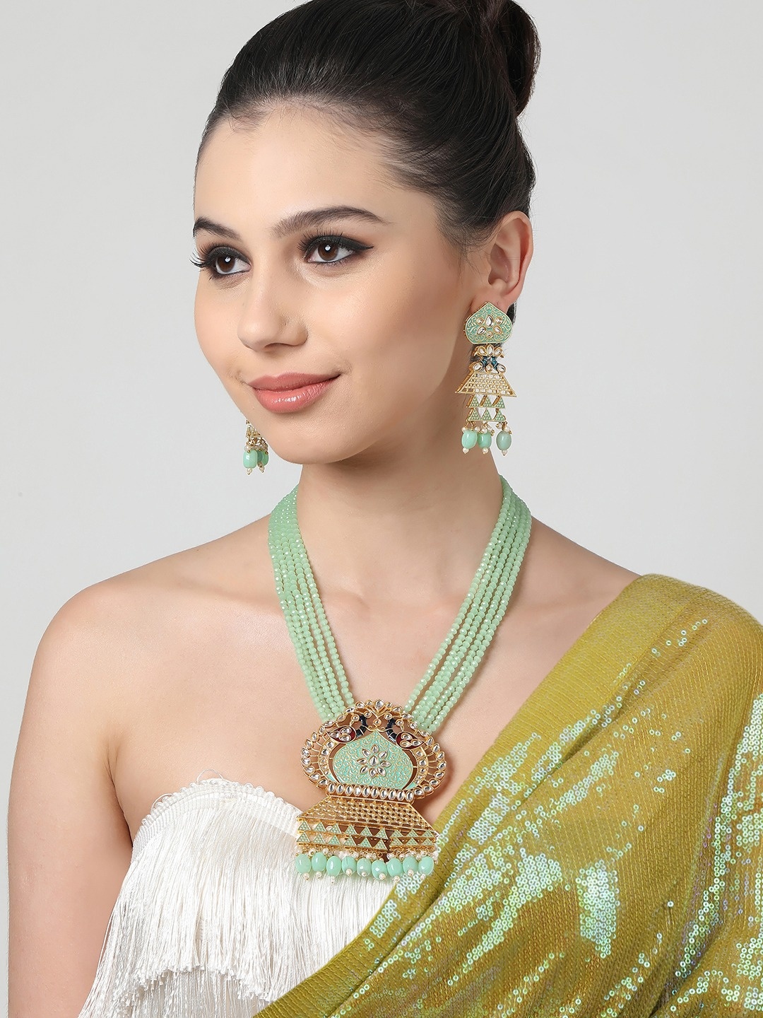 

Zaveri Pearls Multicolor Meenakari Peacock Inspired Long Crystal Necklace & Earring Set, Green