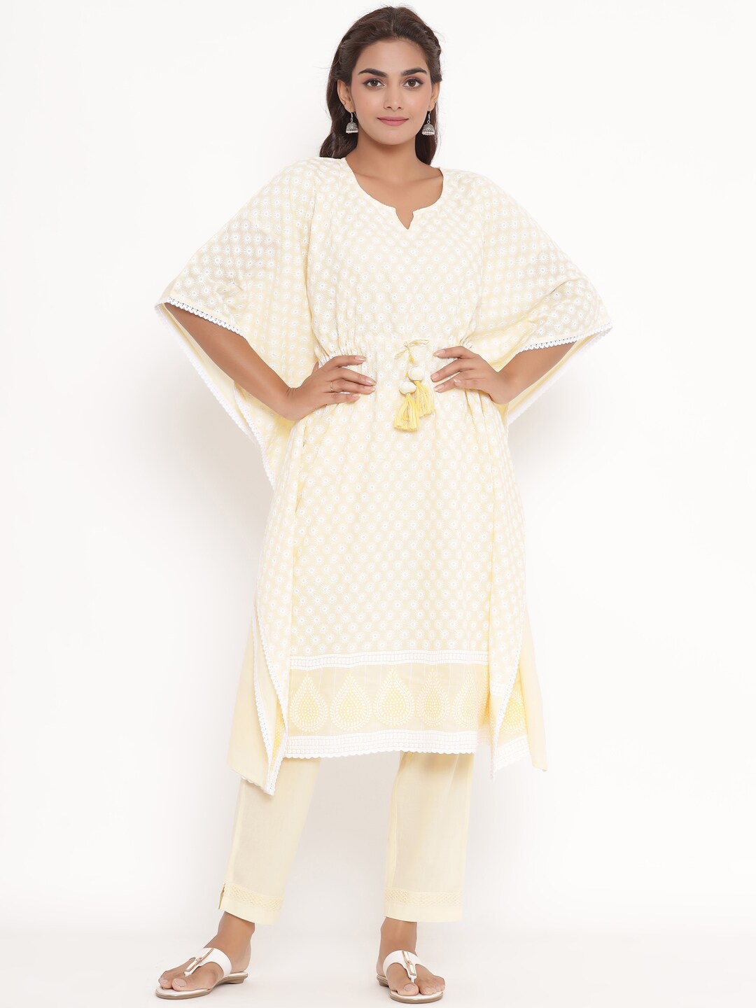 

PIROH Women Yellow Floral Embroidered Regular Thread Work Pure Cotton Kurta with Trousers