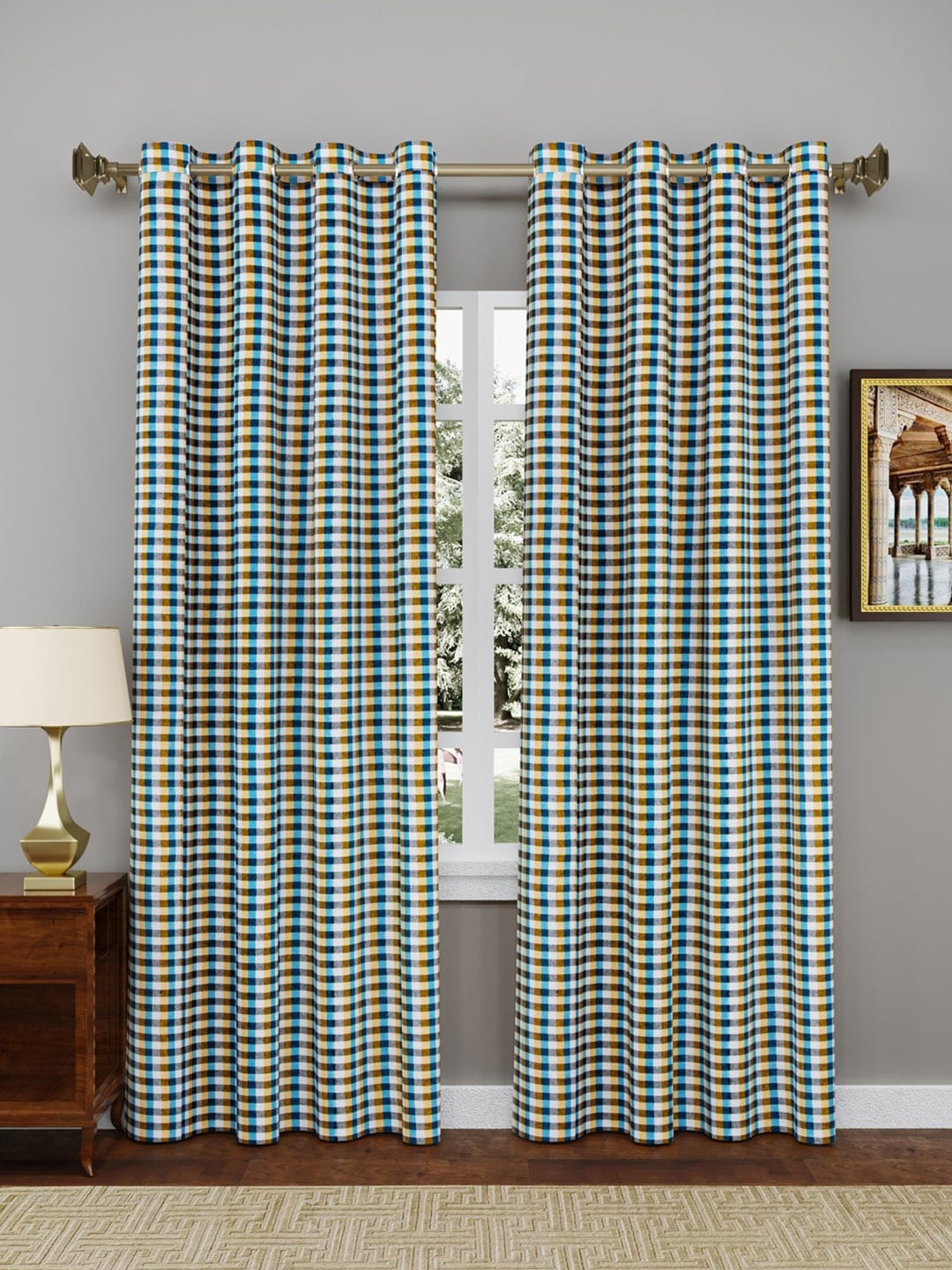 

Clasiko Blue & Yellow Set of 2 Geometric Door Curtains