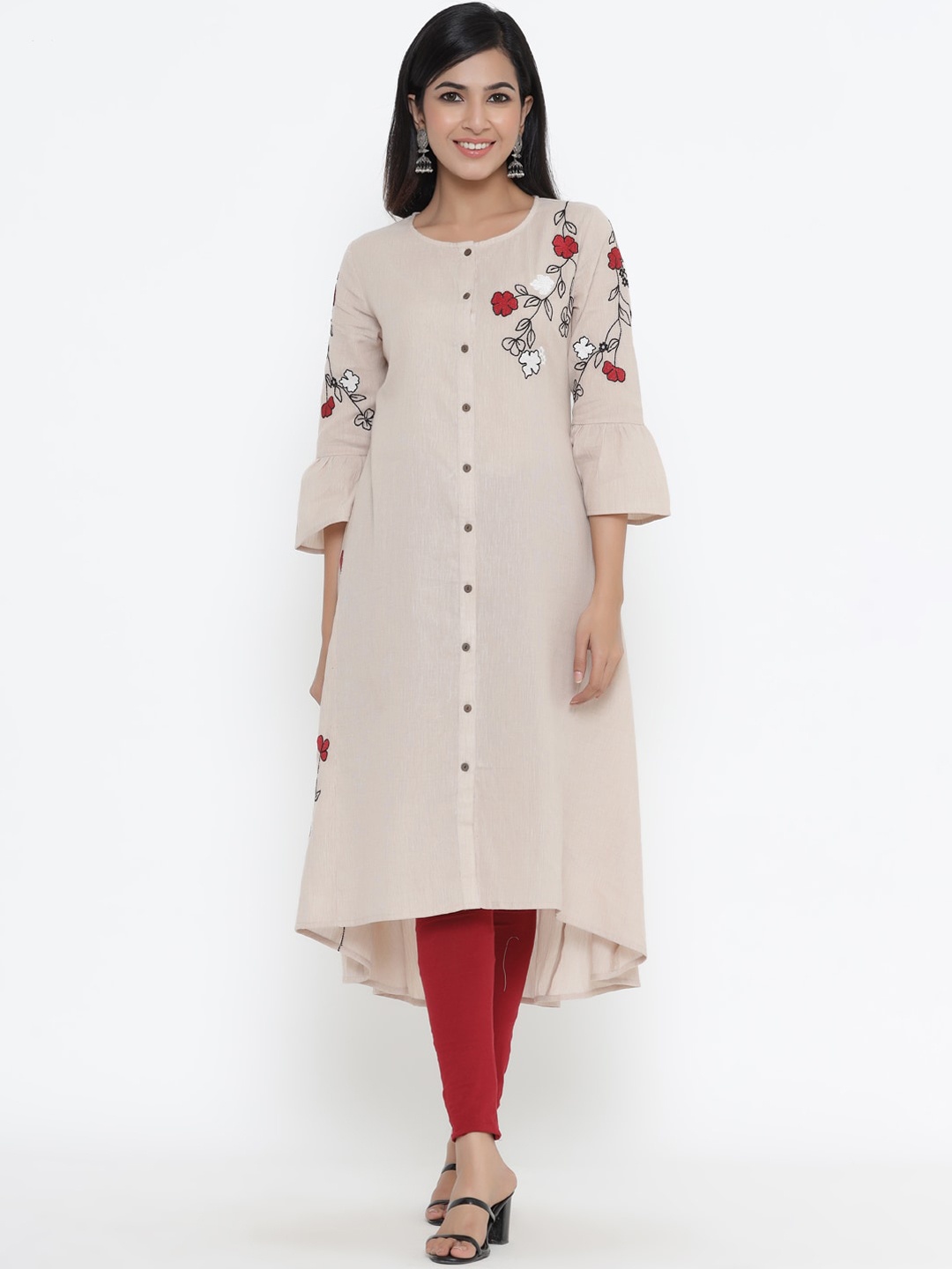 

Readiprint Fashions Women Beige Floral Embroidered Flared Sleeves Kurta