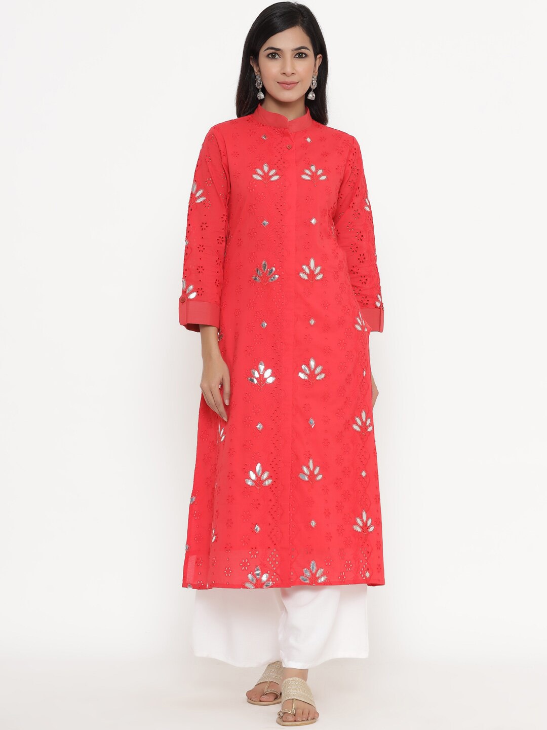 

Readiprint Fashions Women Red Schiffli Kurta with Mirror Work