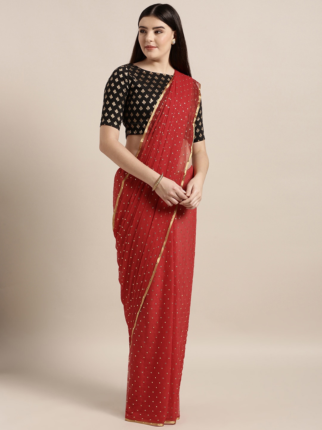 

MOKSHA DESIGNS Red & Gold-Toned Embellished Zari Pure Chiffon Saree