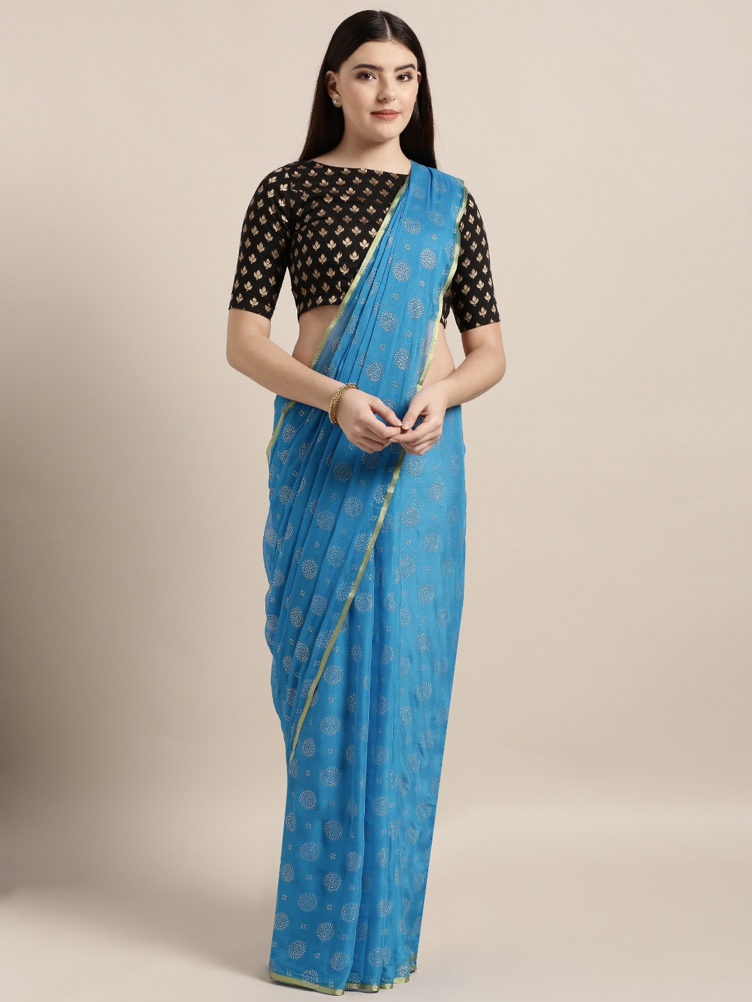 

MOKSHA DESIGNS Turquoise Blue & Gold-Toned Embellished Pure Chiffon Saree