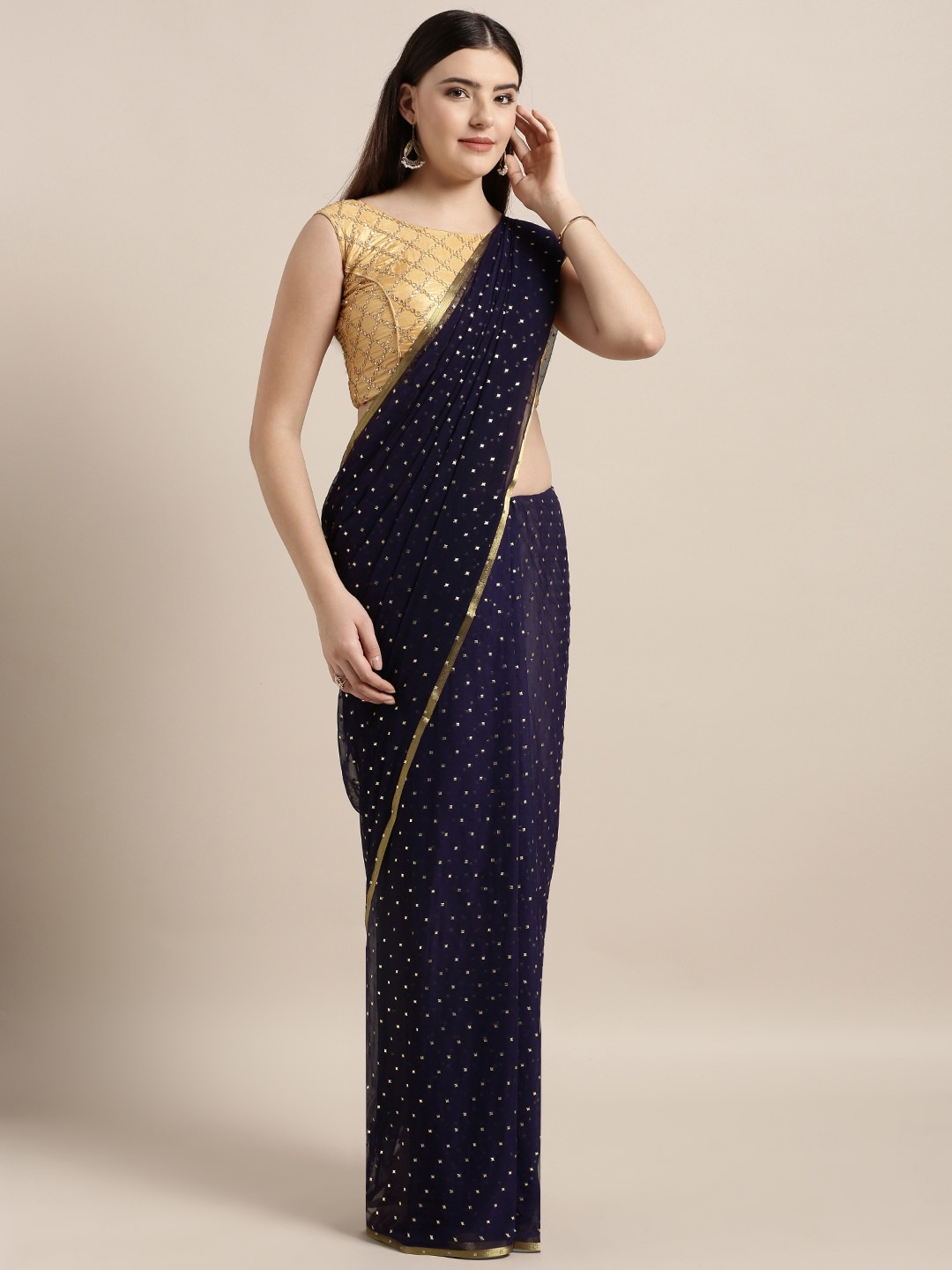 

MOKSHA DESIGNS Navy Blue & Gold-Toned Embellished Zari Pure Chiffon Saree