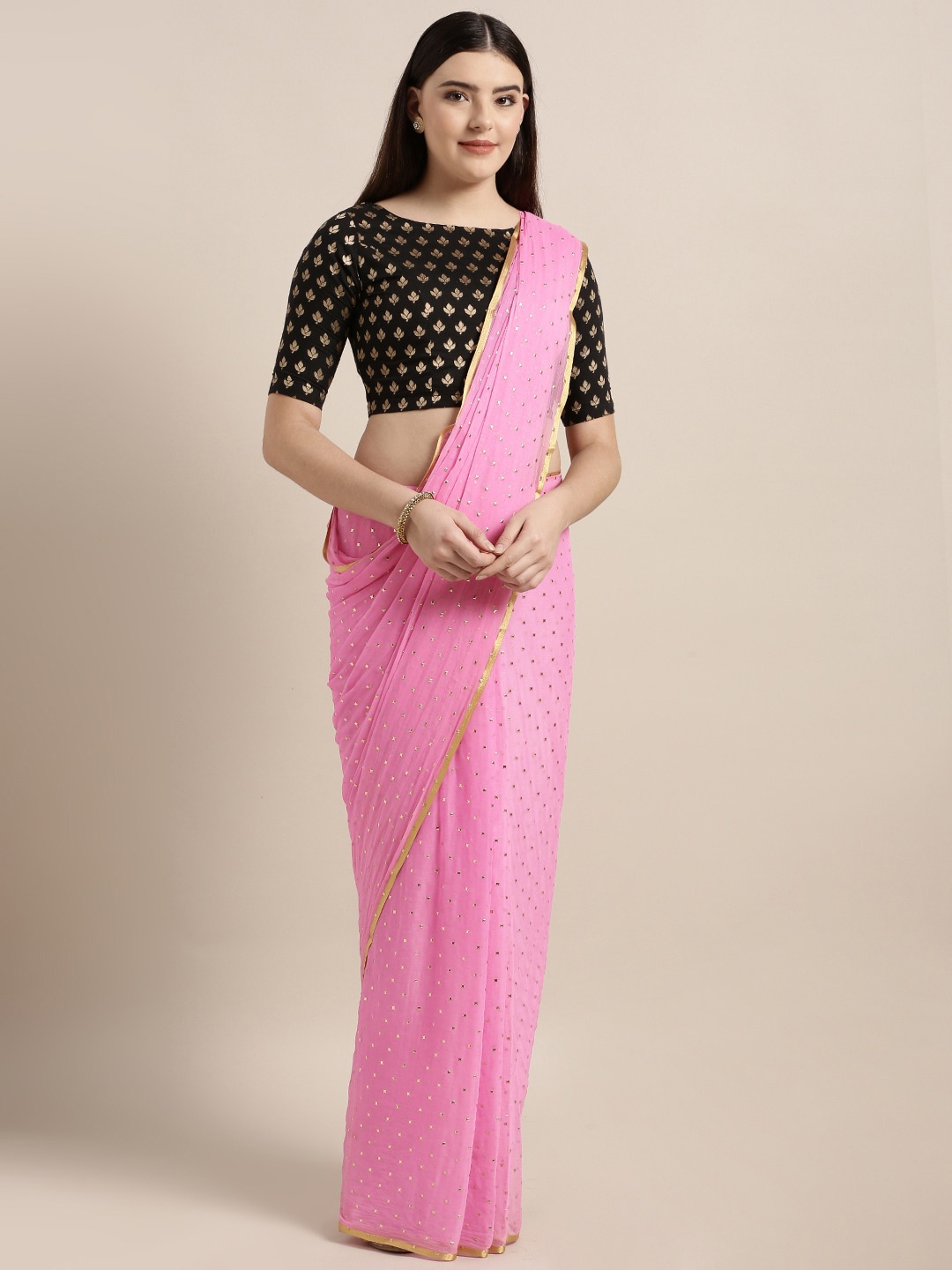 

MOKSHA DESIGNS Pink & Gold-Toned Embellished Zari Pure Chiffon Saree