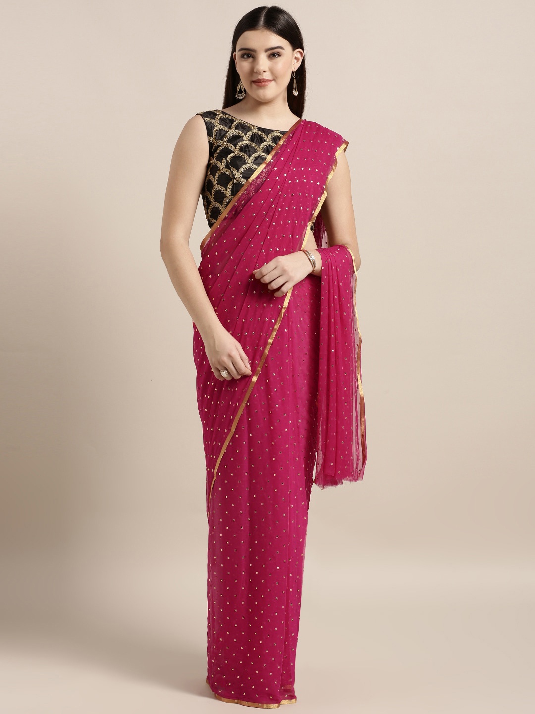 

MOKSHA DESIGNS Rose & Gold-Toned Embellished Zari Pure Chiffon Saree