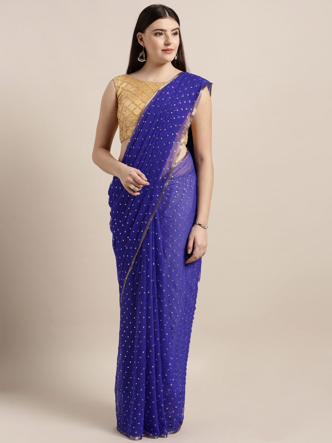 

MOKSHA DESIGNS Blue & Gold-Toned Embellished Pure Chiffon Saree