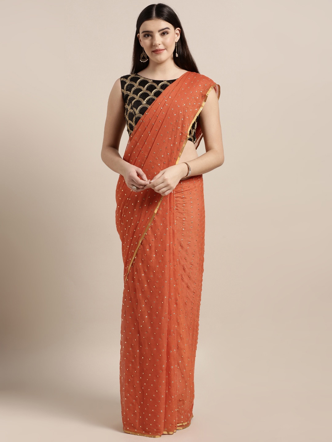 

MOKSHA DESIGNS Orange & Gold-Toned Embellished Pure Chiffon Saree