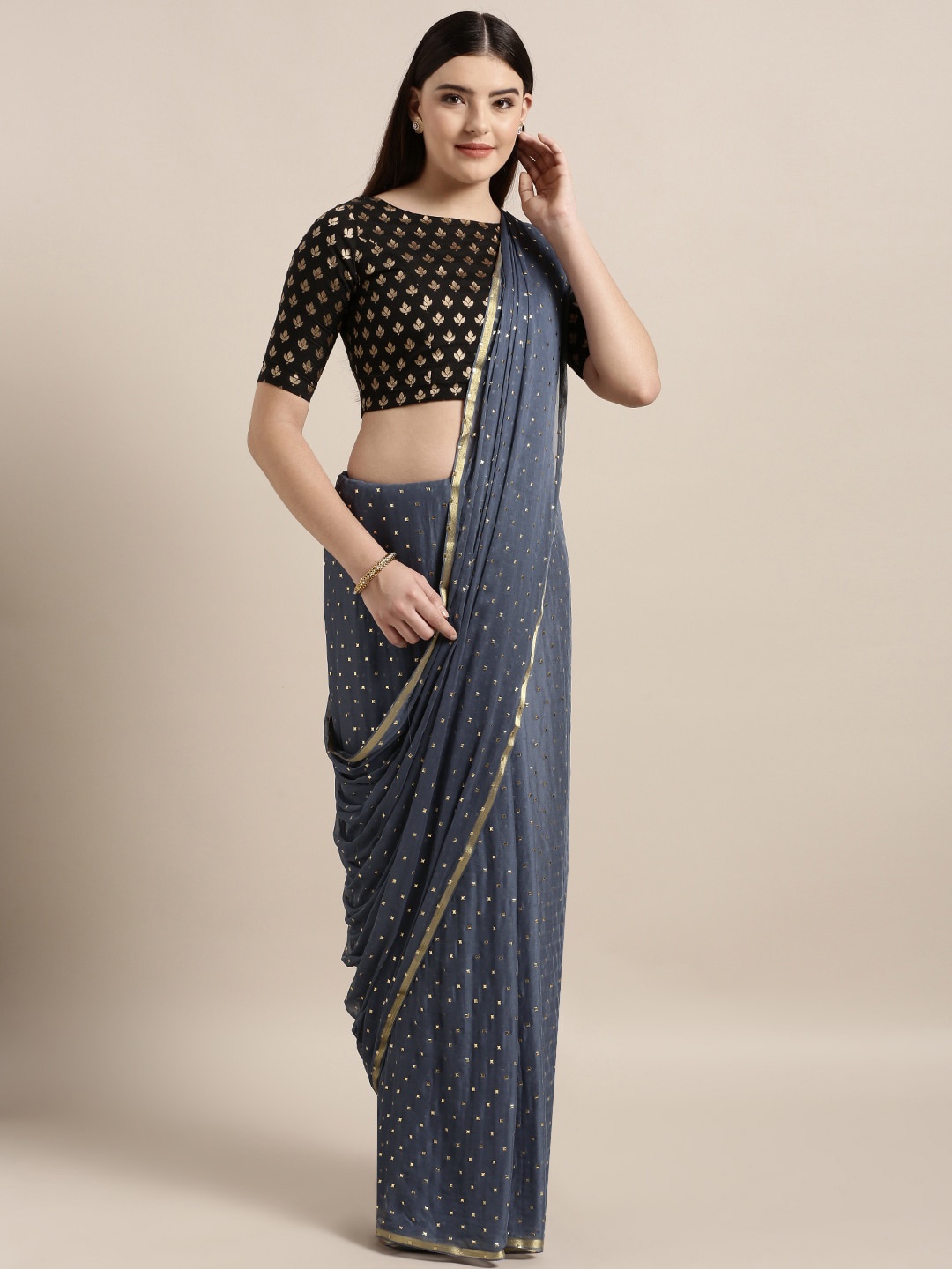 

MOKSHA DESIGNS Grey & Gold-Toned Embellished Zari Pure Chiffon Saree