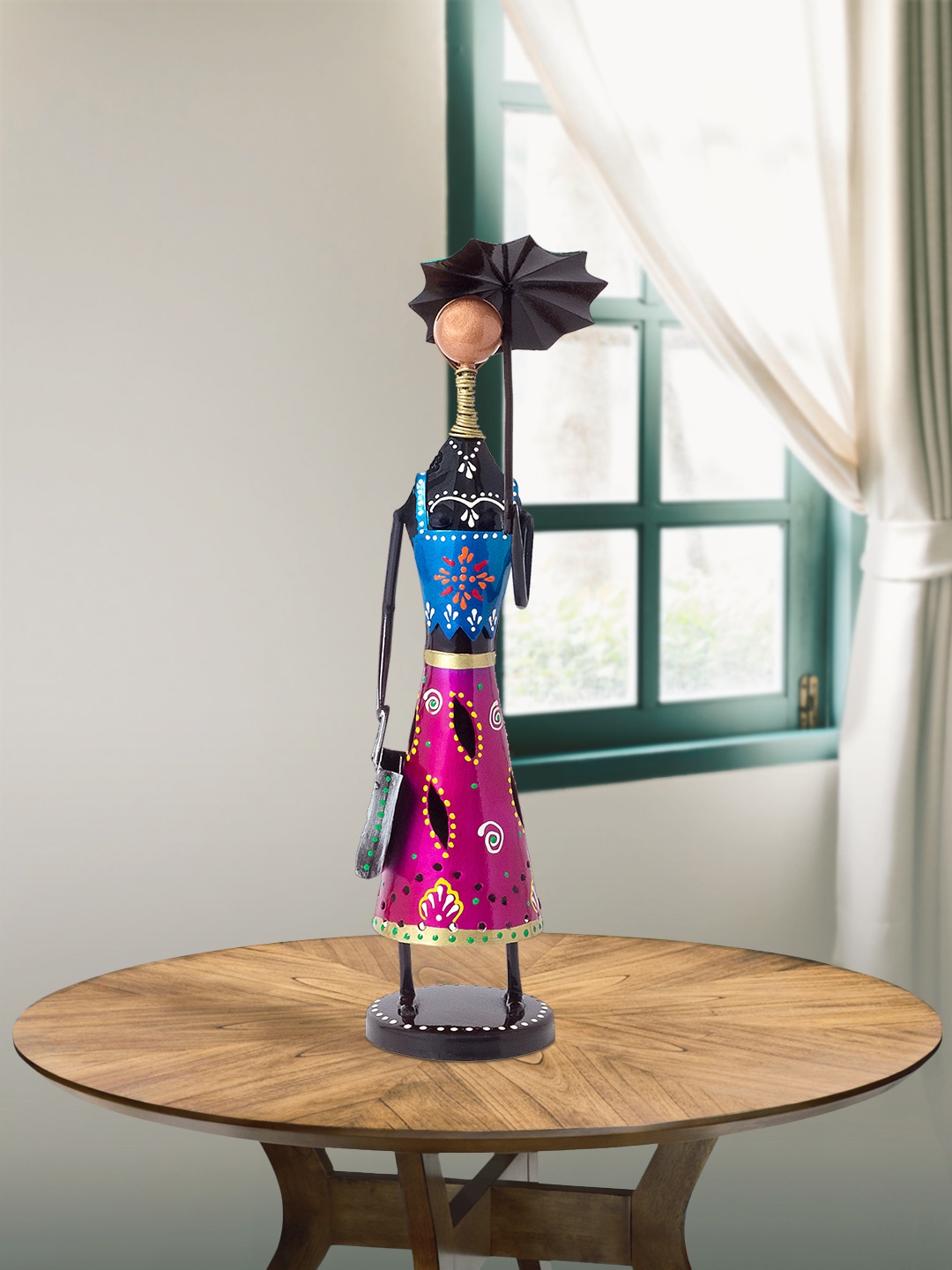 

Golden Peacock Pink & Black Handcrafted & Hand-Painted Lady With Umbrella Showpiece