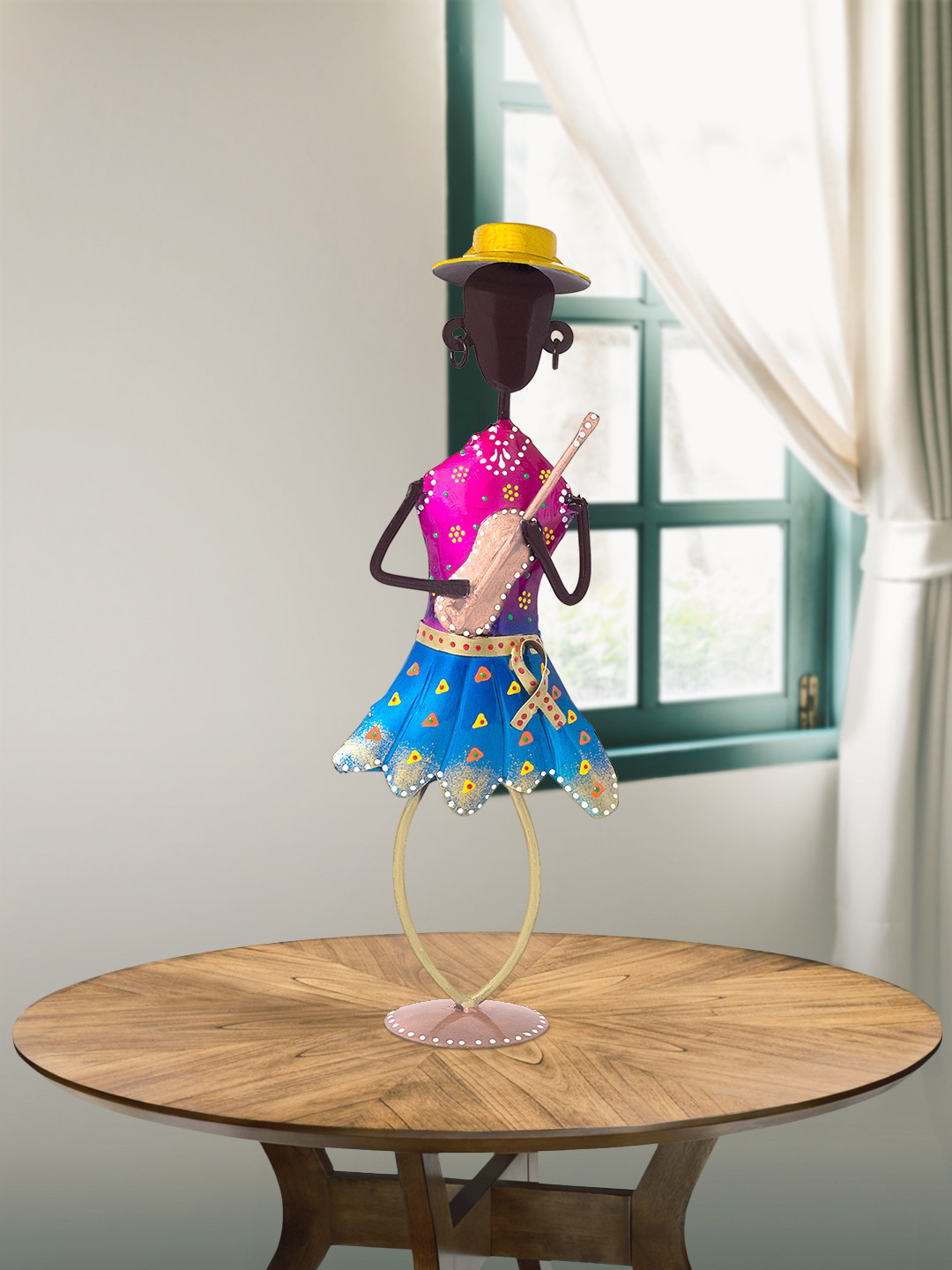 

Golden Peacock Pink & Blue Handcrafted & Hand-Painted Lady With Guitar Showpiece