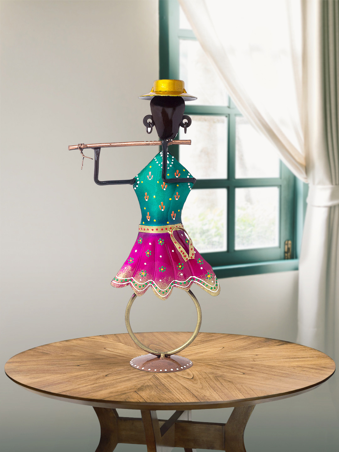 

Golden Peacock Green & Magenta Handcrafted & Hand-Painted Flute Playing Musician Showpiece, Black
