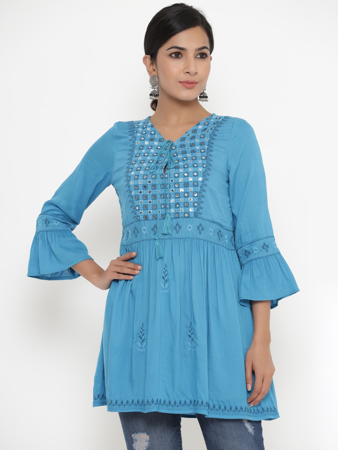 

Readiprint Fashions Blue A-Line Longline Top with Mirror Work