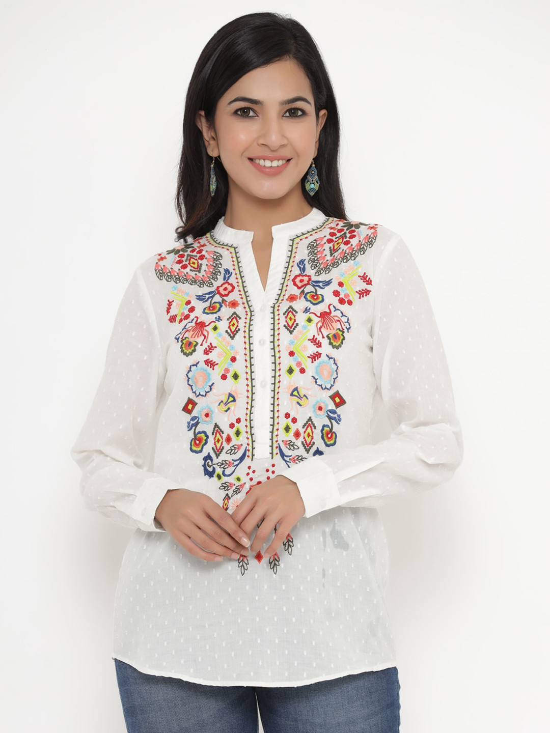 

Readiprint Fashions White Floral Embroidered Regular Top