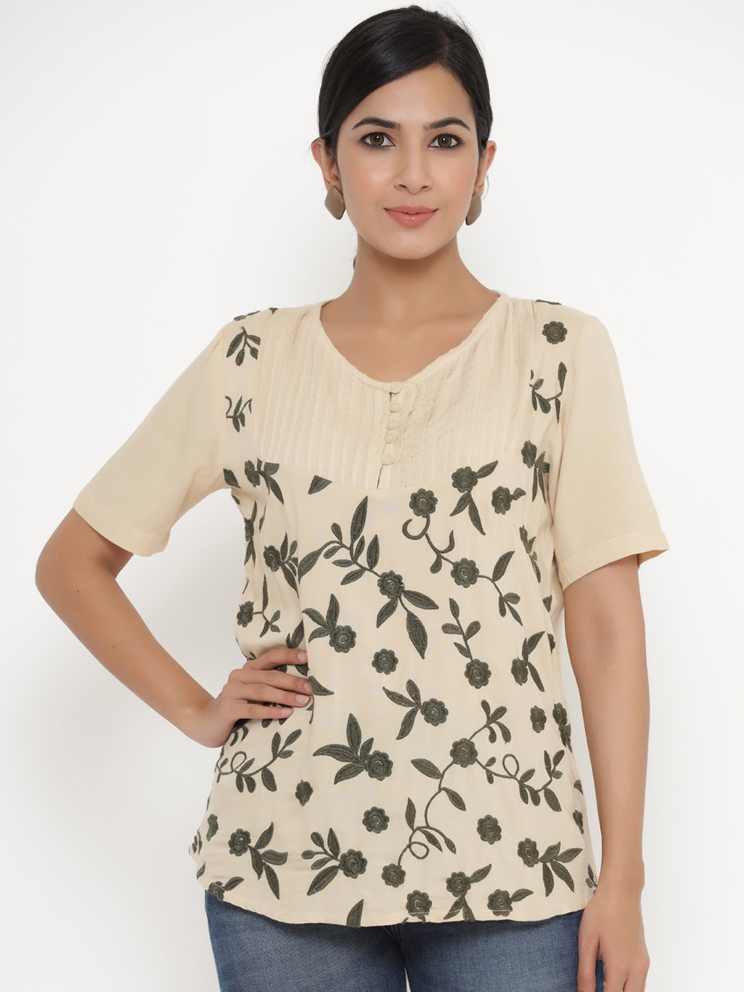 

Readiprint Fashions Cream-Coloured Floral Print Regular Top