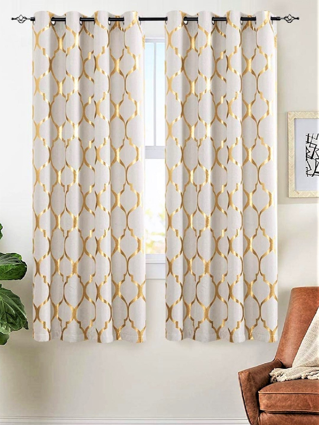 

URBAN SPACE White & Gold-Toned Set of 2 Quirky Window Curtain