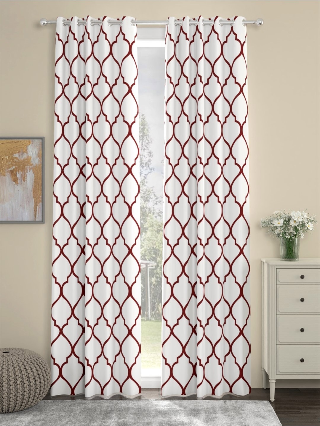 

URBAN SPACE White & Maroon Set of 2 Quirky Long Door Curtain