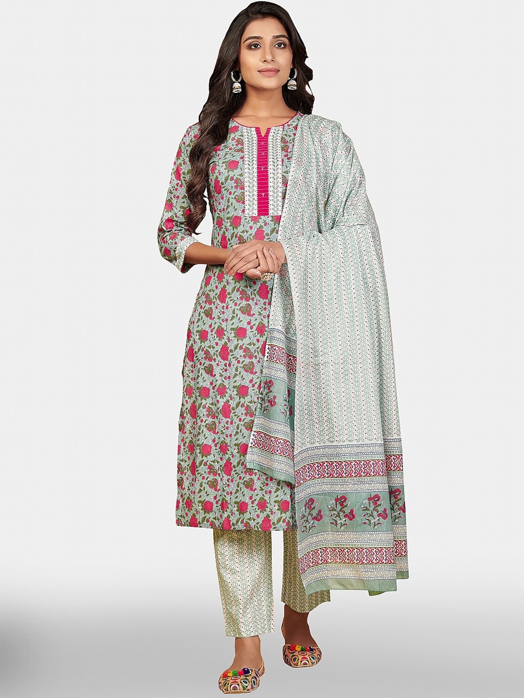 

Vbuyz Women Green Floral Print Cotton Kurta with Trousers & Dupatta