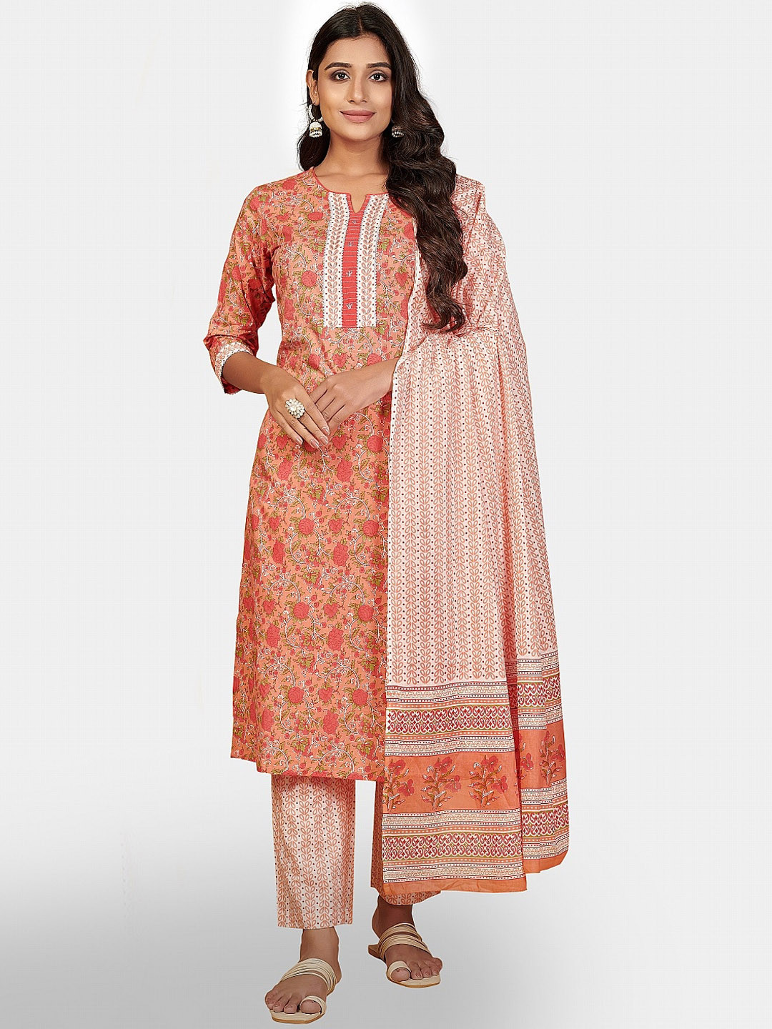 

Vbuyz Women Orange Printed Cotton Kurta with Trousers & Dupatta