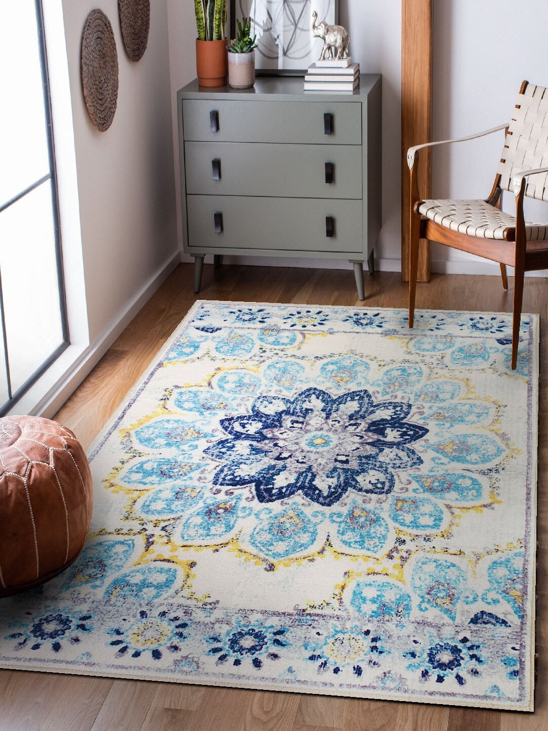 

Status Unisex White & Blue Printed Rectangular Anti-Skid Carpet
