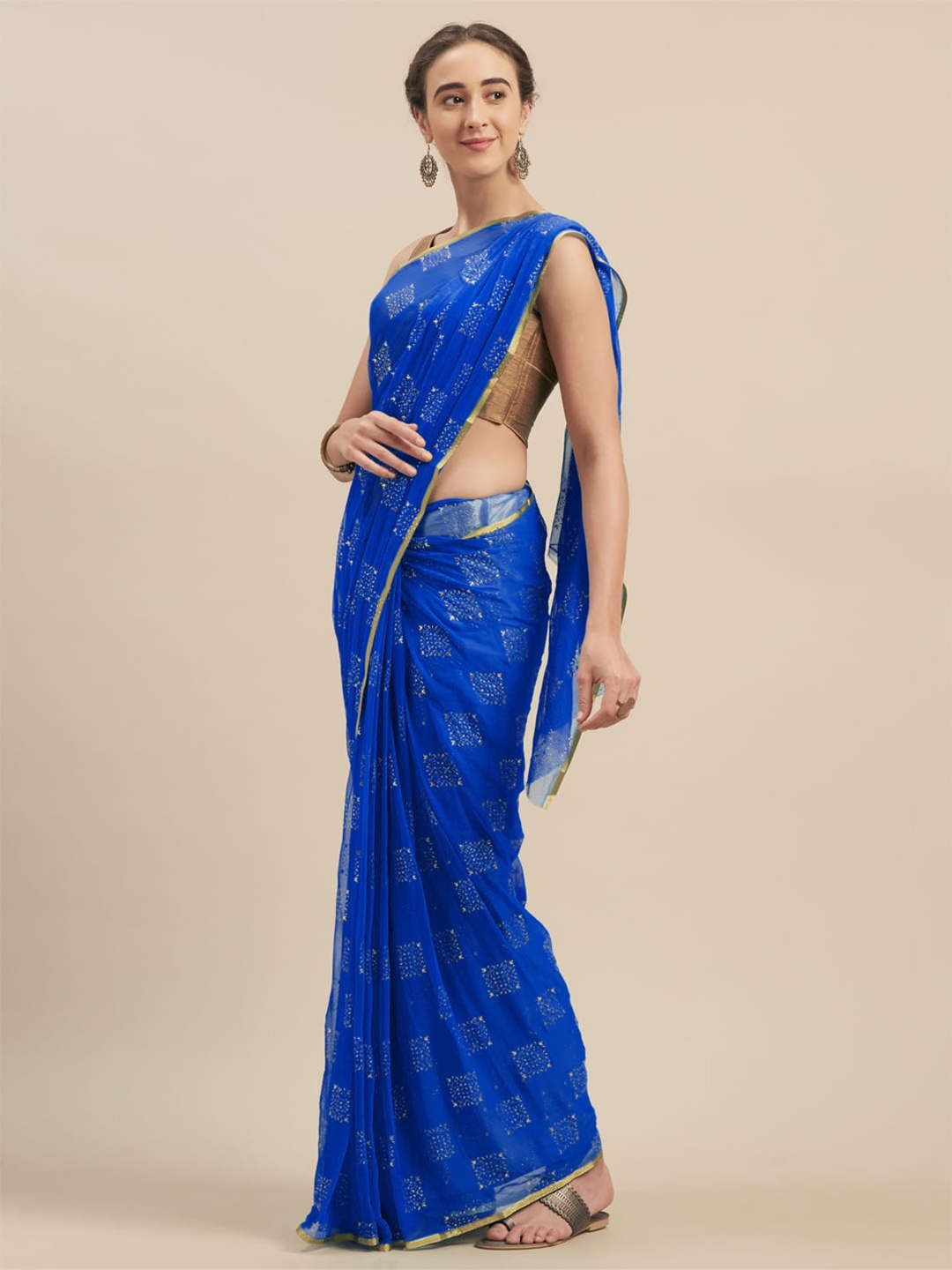 

MOKSHA DESIGNS Blue & Gold-Toned Embellished Zari Pure Chiffon Saree