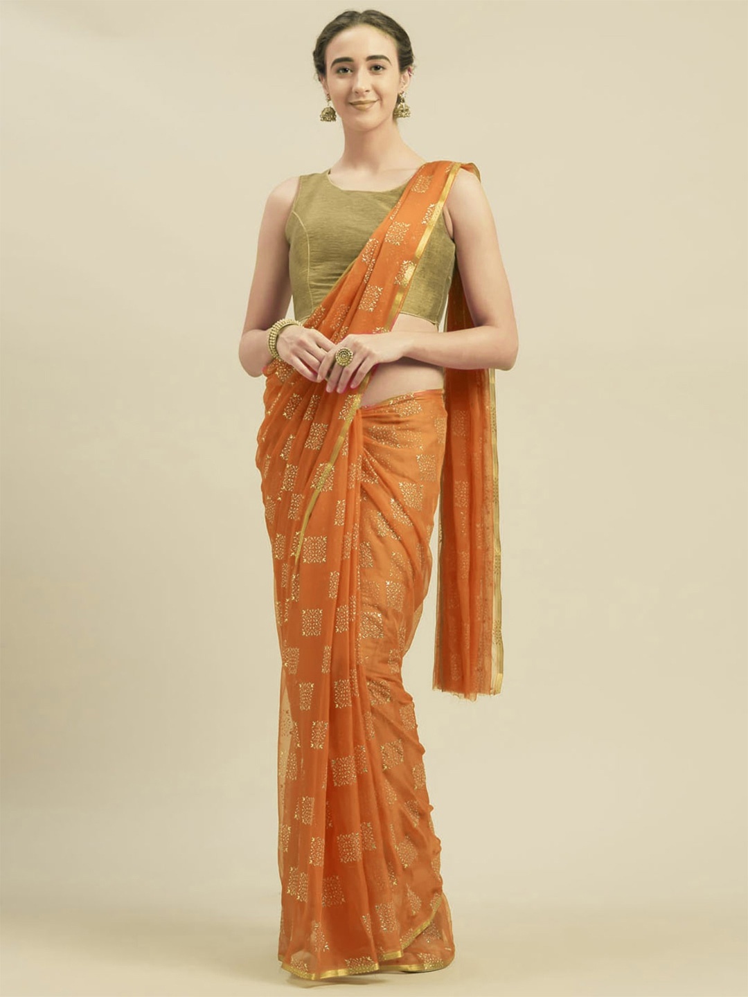 

MOKSHA DESIGNS Orange & Gold-Toned Ethnic Motifs Pure Chiffon Saree